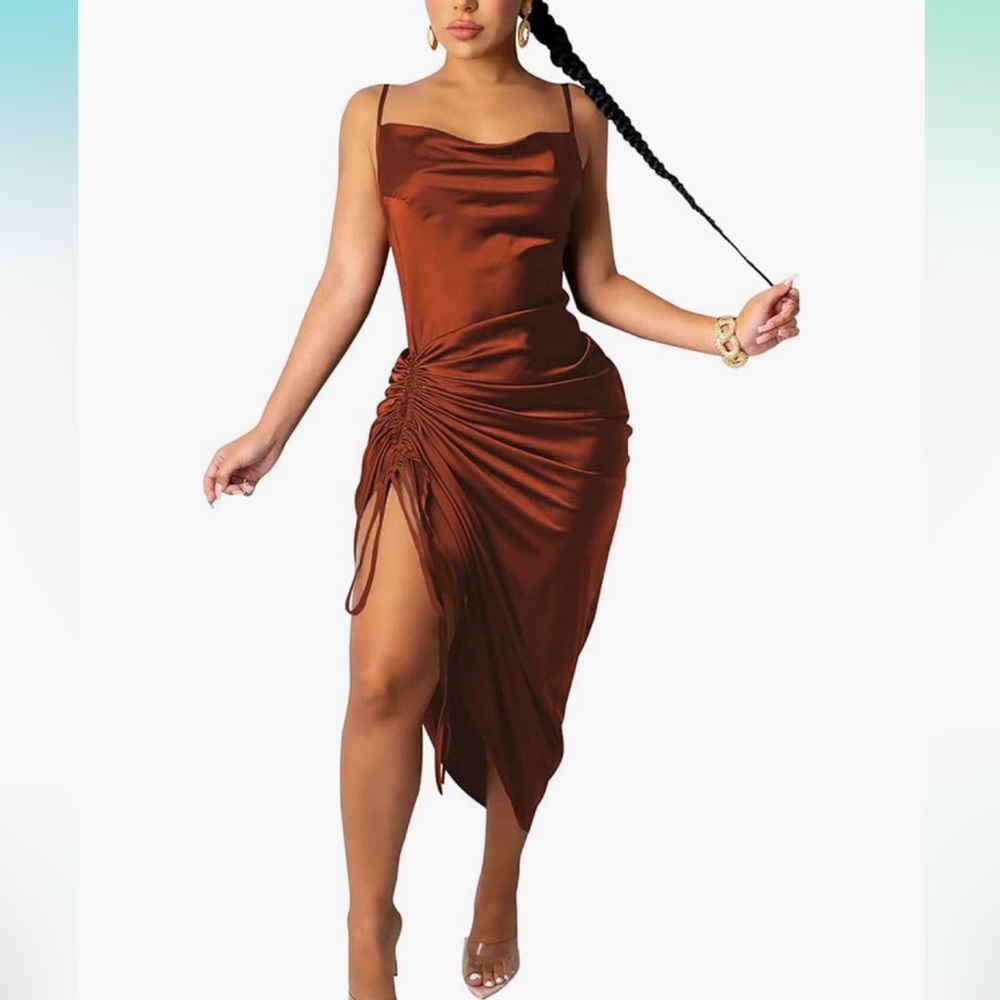 Burnt Orange Satin Spaghetti Strap dress ruched split